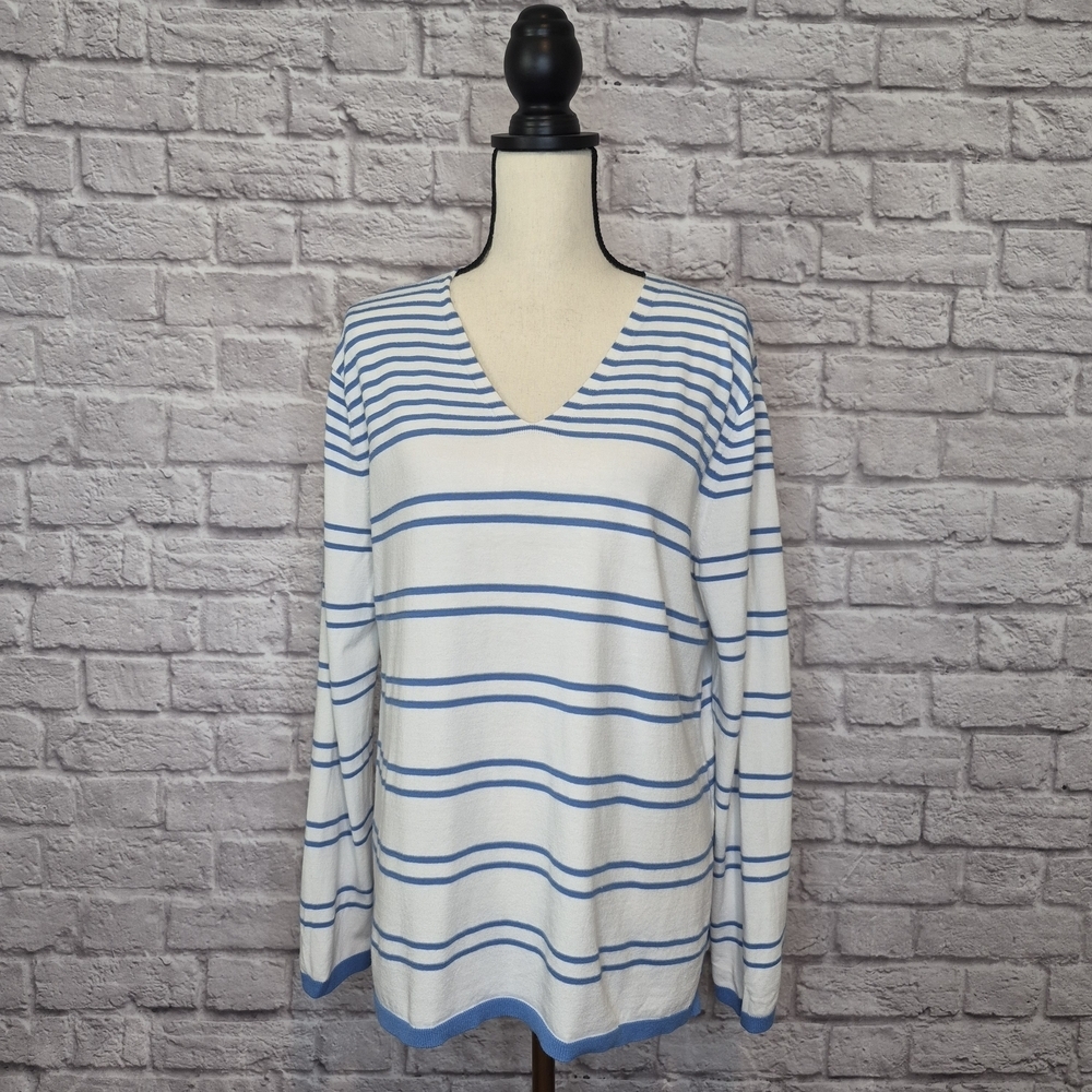 Lafayette 148 Sweater White Blue Striped V Neck Nautical Lightweight Womens Sz M - Picture 2 of 9